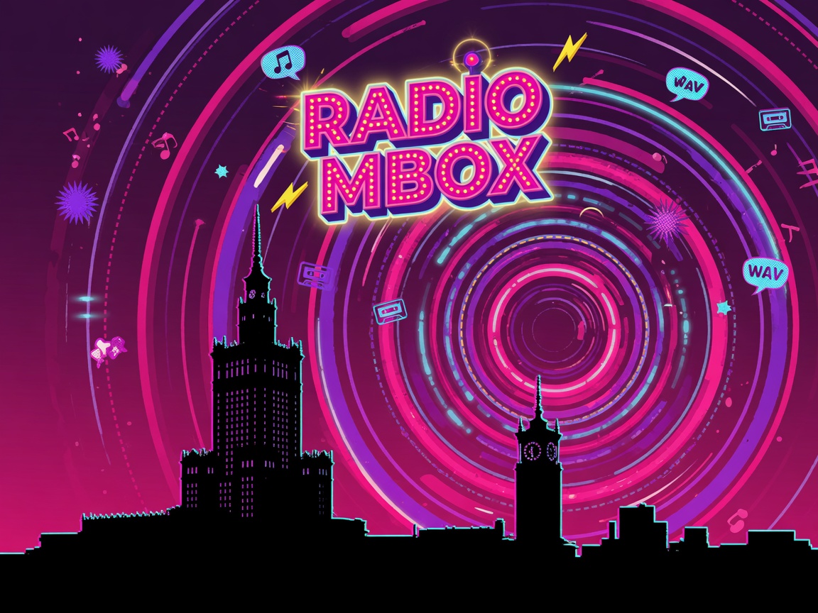 A vibrant abstract pop art soundwave scene over the Warsaw skyline with a glowing Radio Mbox sign