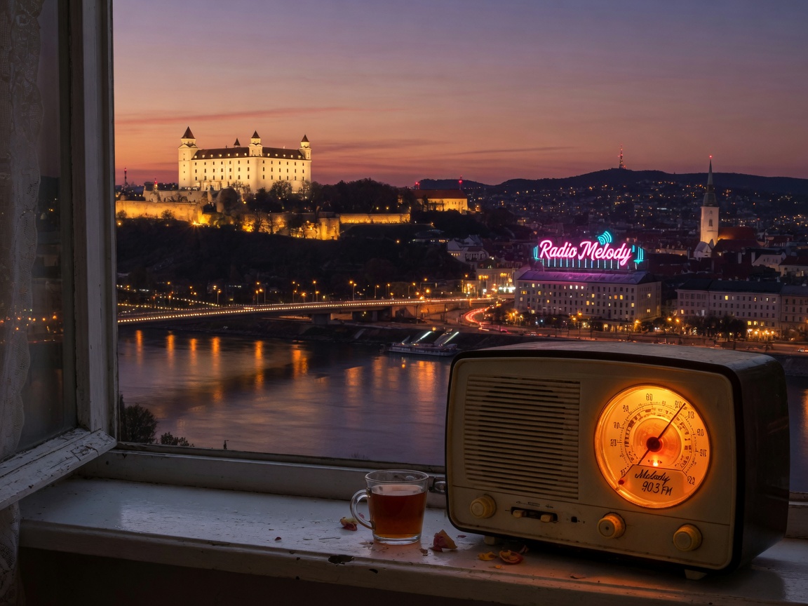 The Bratislava skyline at dusk with Bratislava Castle illuminated and a neon sign reading Radio Melody