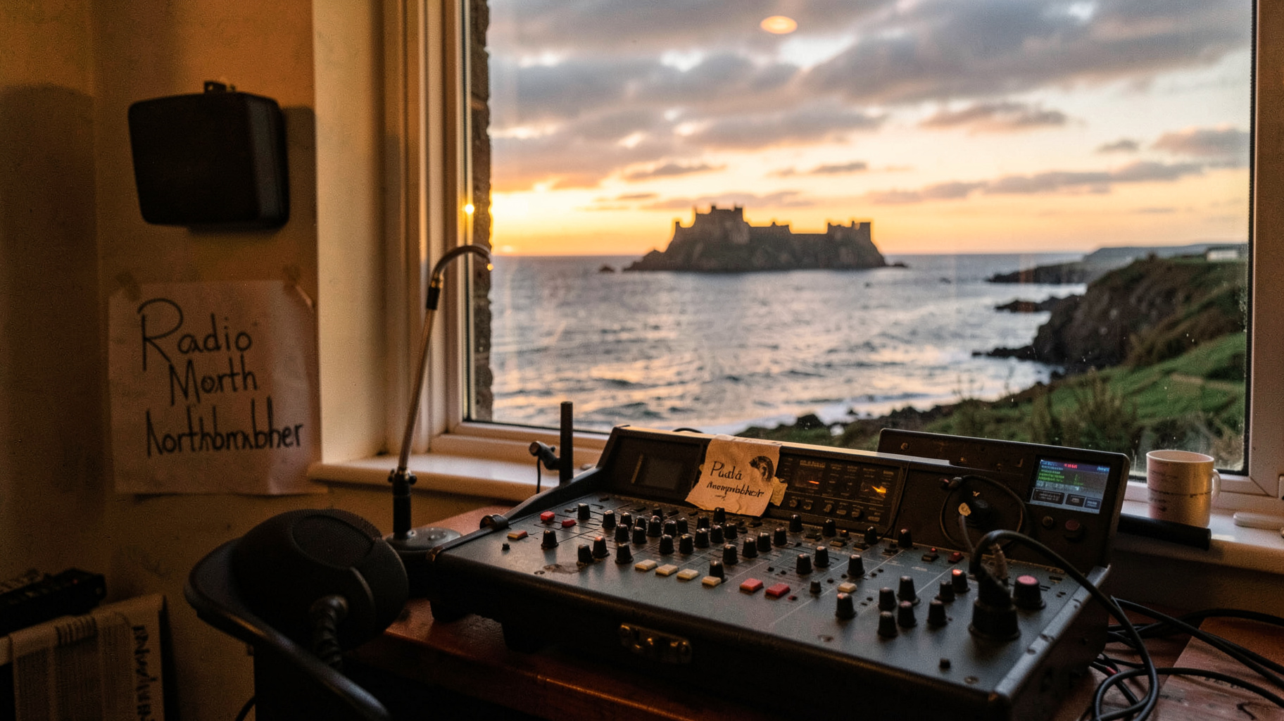 A cozy home radio studio with a microphone and mixing desk overlooking the Northumberland coastline and Bamburgh Castle at sunset, with a handwritten Radio Northumberland sign