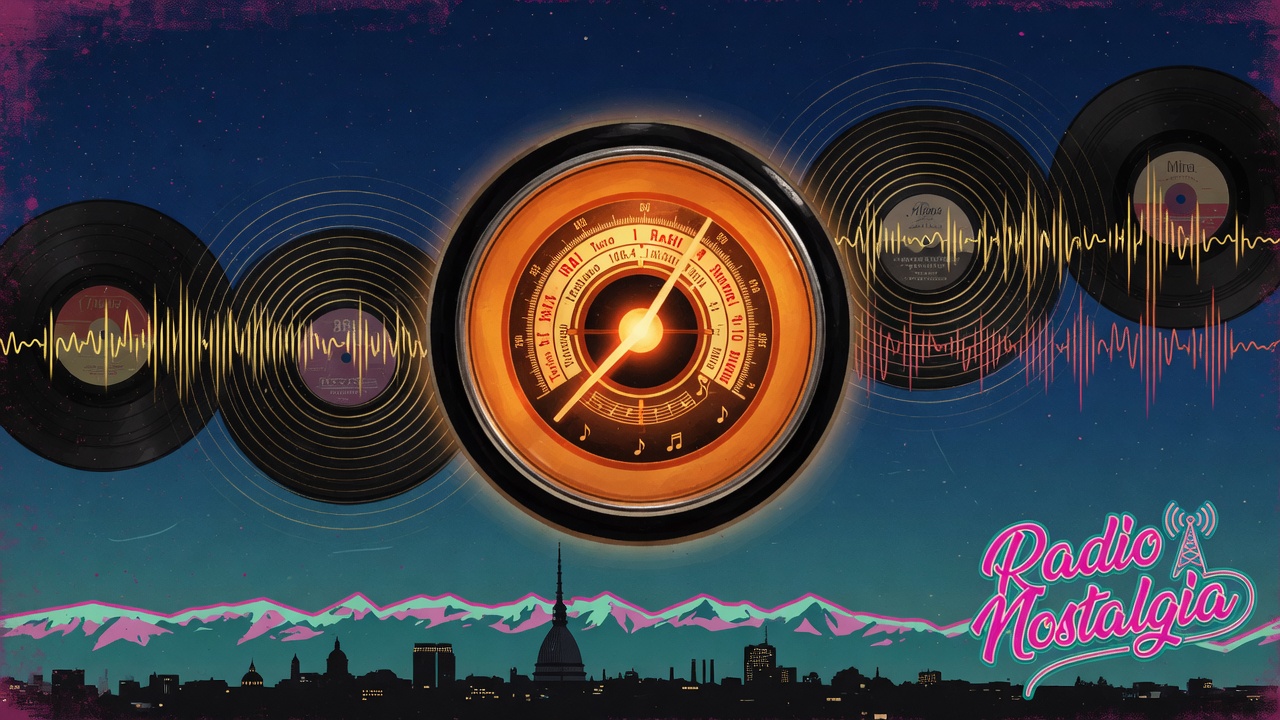 An abstract illustration of a glowing vintage radio dial and golden sound waves evoking Radio Nostalgia Piemonte's decades of Italian hits