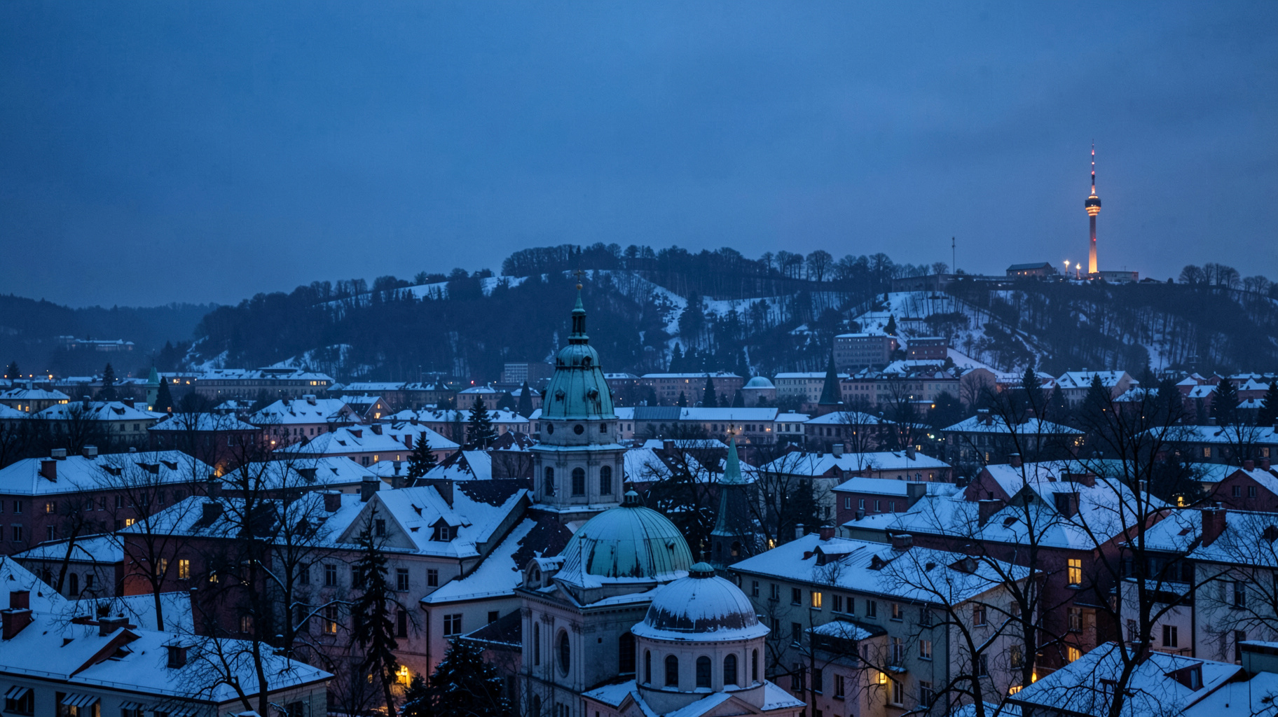 A serene winter Helsinki cityscape at dusk with the cathedral dome glowing under soft blue light