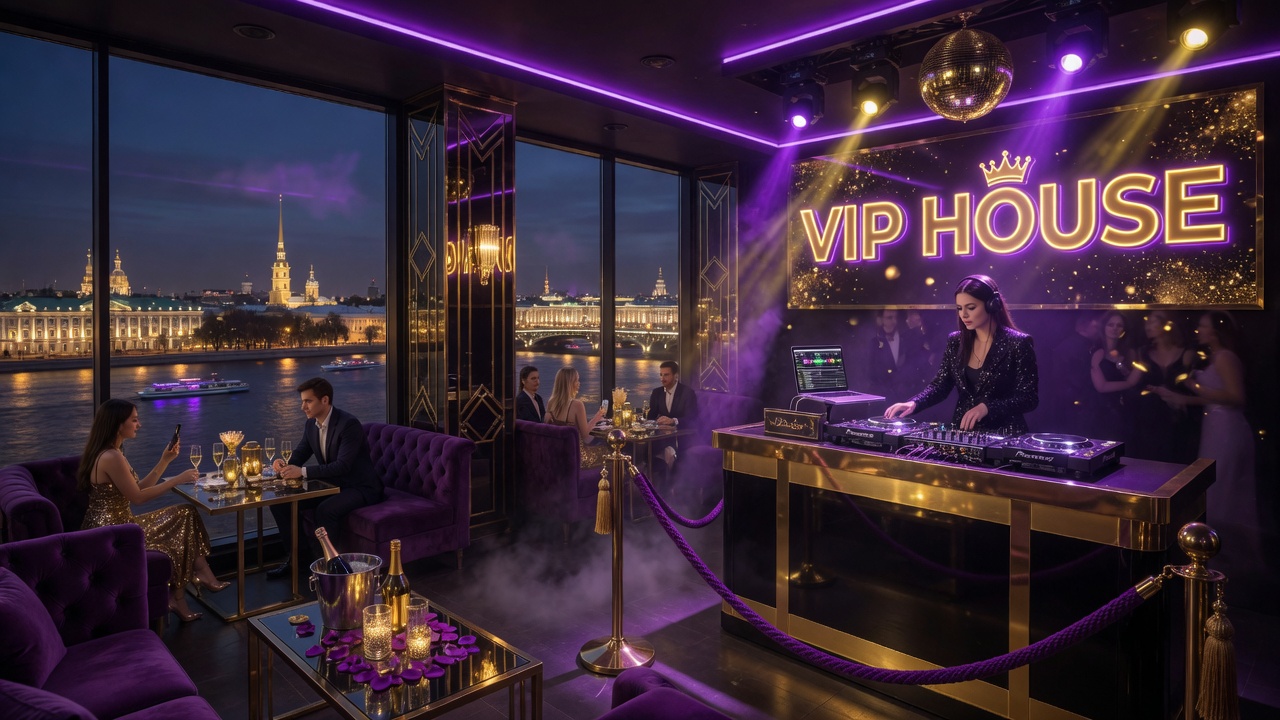 An upscale VIP house nightclub lounge in Saint Petersburg with a DJ booth and glowing VIP HOUSE sign