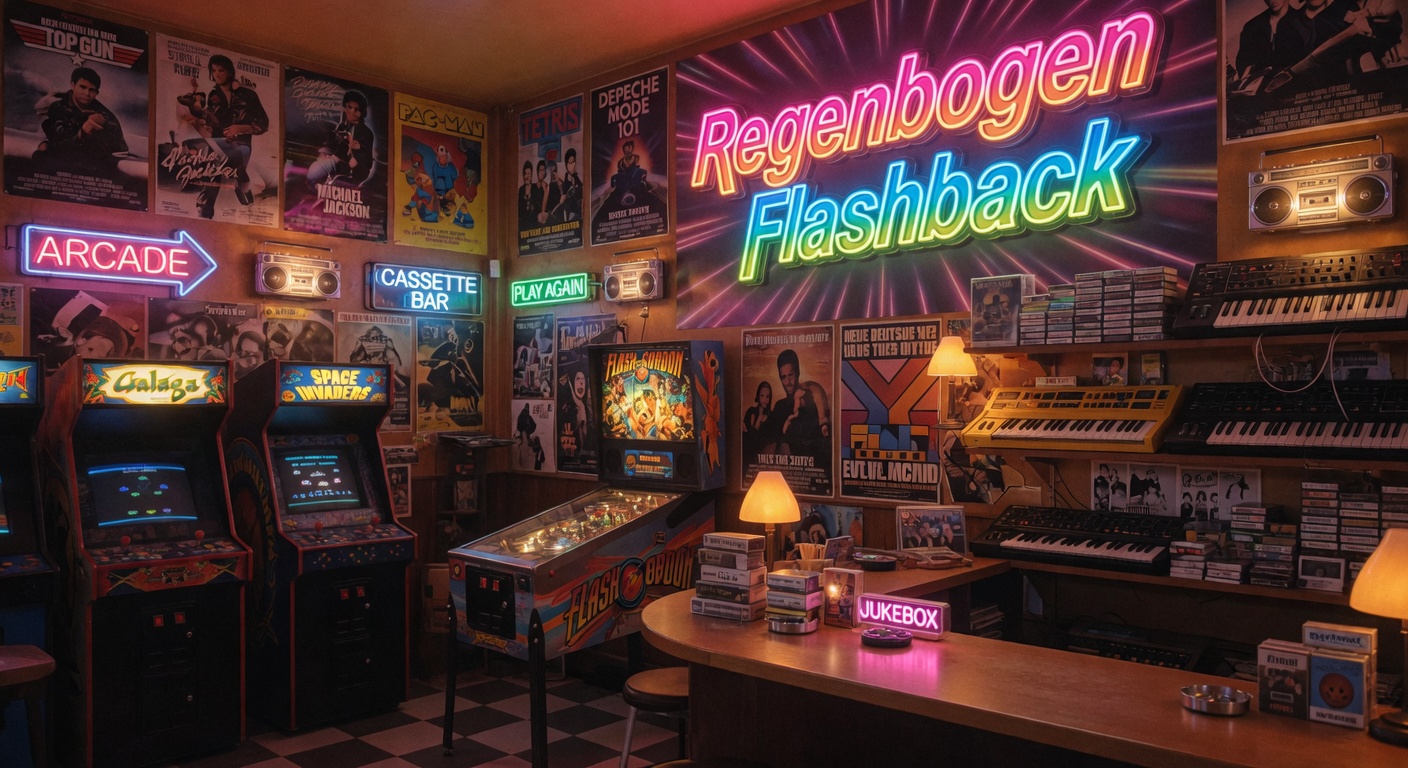 Retro arcade and music bar interior with neon signs, vintage 80s posters, and a rainbow-colored Regenbogen Flashback sign glowing on the back wall