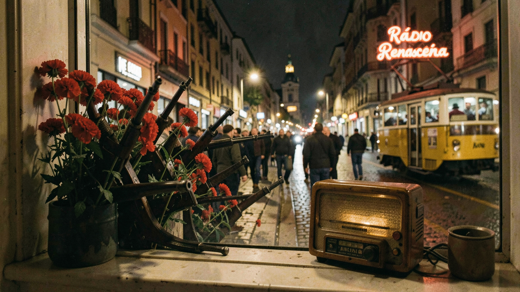 Lisbon in April 1974 with carnations, an old radio and a sign reading Rádio Renascença