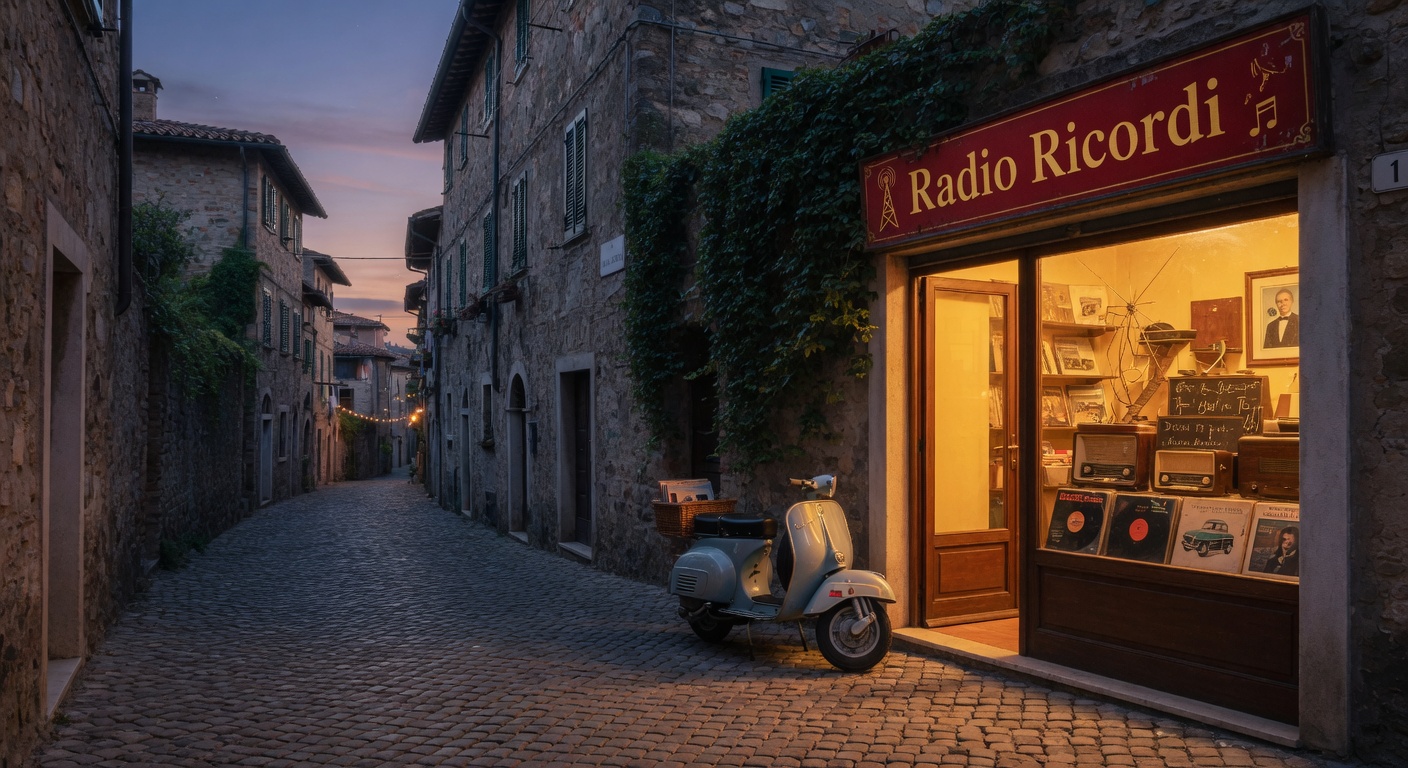 Narrow Italian cobblestone street at dusk, warm light from a vintage record shop with a Radio Ricordi sign in gold on red, a Vespa parked outside