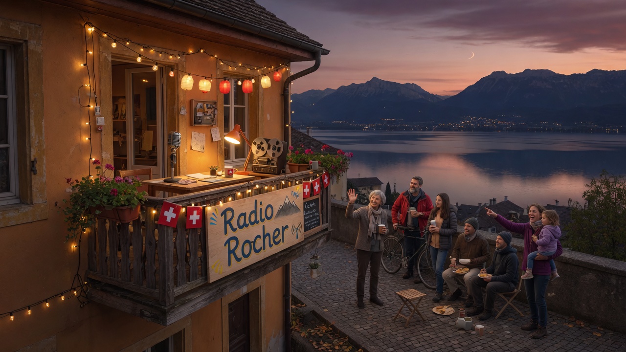 Cozy handmade neighborhood radio studio overlooking Lake Neuchatel and the Swiss Jura mountains at dusk