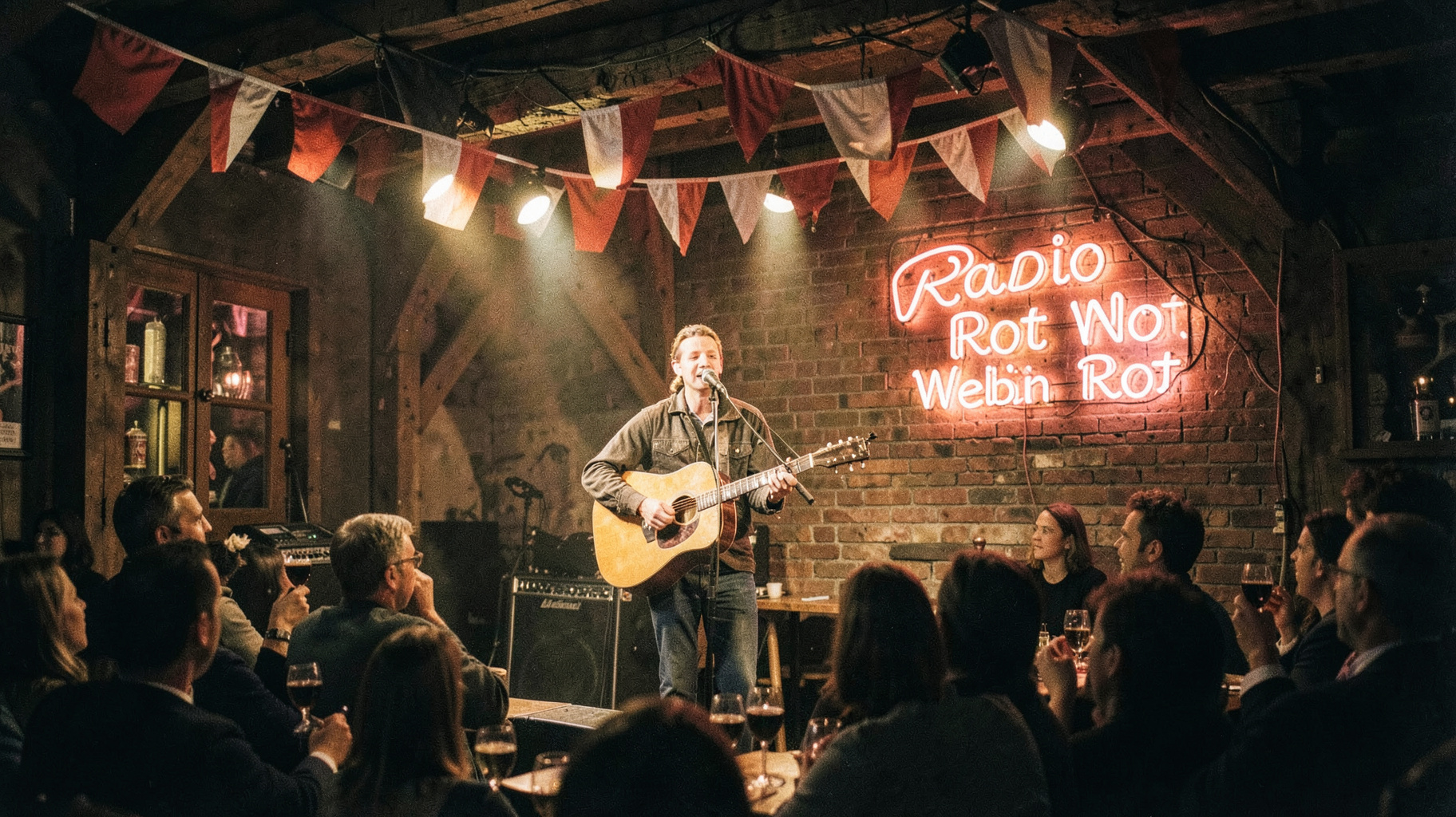 Viennese tavern stage with a singer, red-white-red bunting and a neon sign reading Radio Rot Weiß Rot