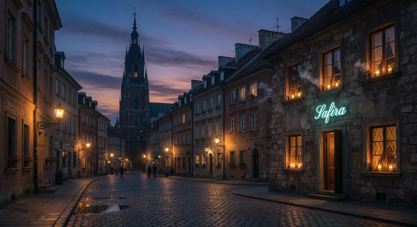 Warsaw old town at twilight, church spire silhouetted against a blue-purple sky, a glowing Safira neon sign reflecting in cobblestone streets