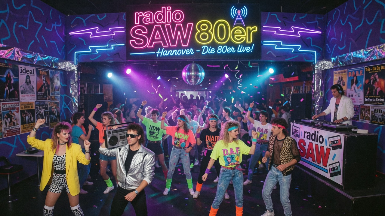 1980s German discotheque with neon radio SAW 80er sign, dancers in period fashion, electric synth-pop atmosphere