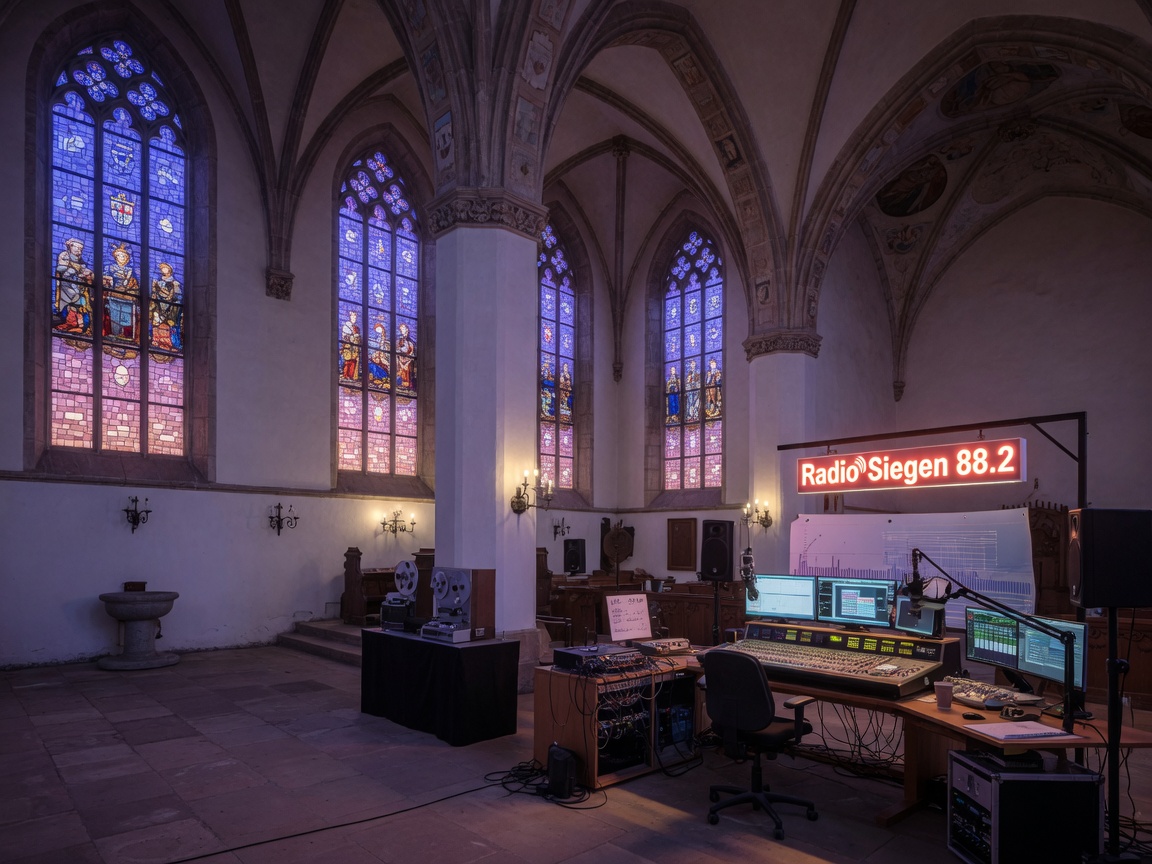 A converted historic German church now used as a radio studio, with stained glass windows and broadcasting equipment