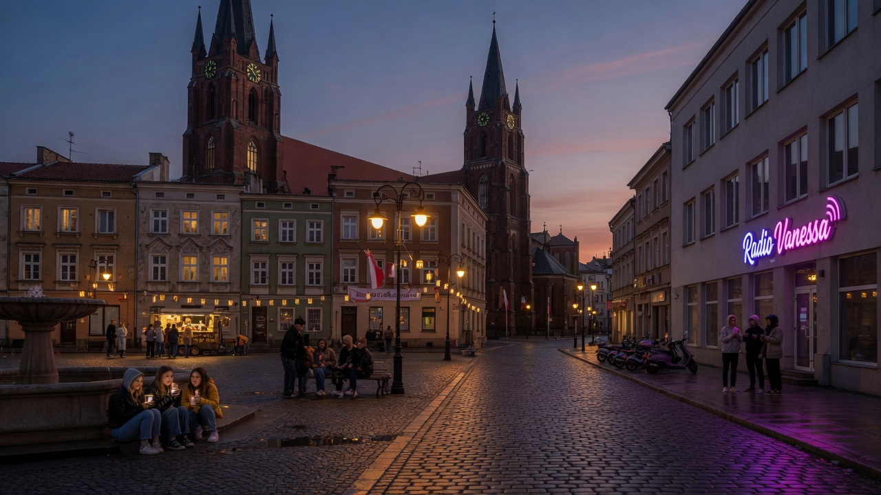 Racibórz Poland town square at dusk with cobblestones and Gothic church towers, a glowing Radio Vanessa neon sign on a building facade