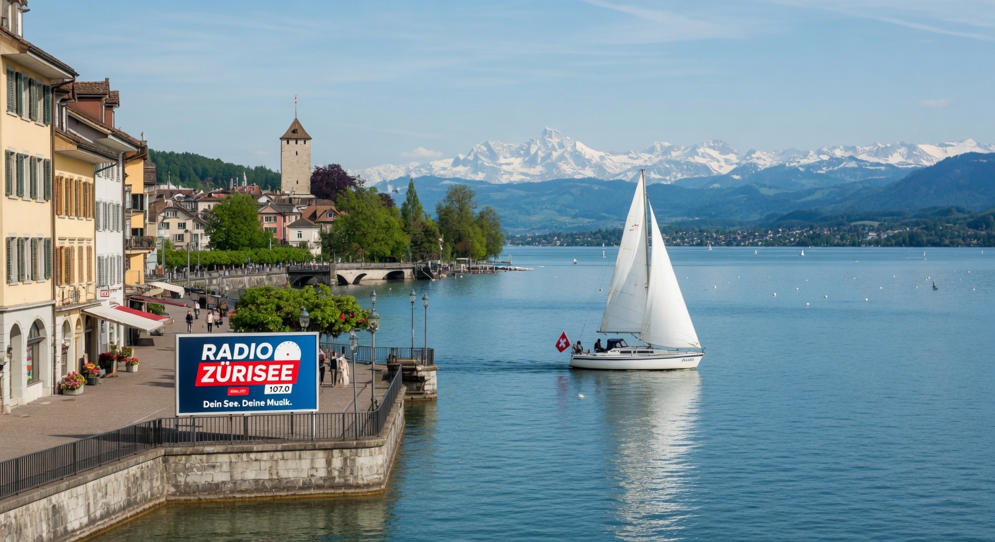 A serene view of Lake Zurich from Rapperswil with a sailboat, distant Alps and a Radio Zürisee billboard on the promenade