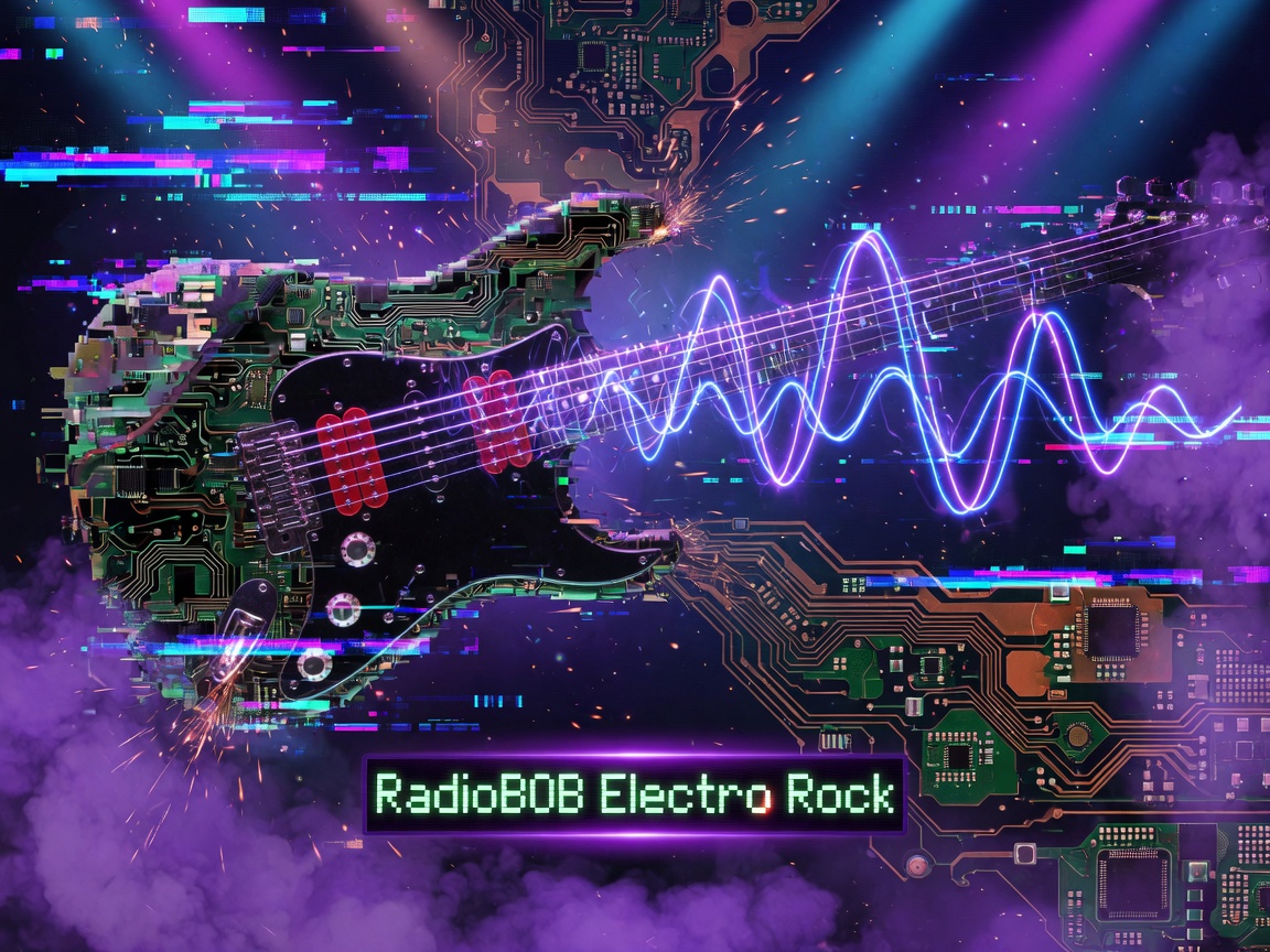 An abstract fusion of an electric guitar and glowing circuit patterns representing RadioBOB Electro Rock