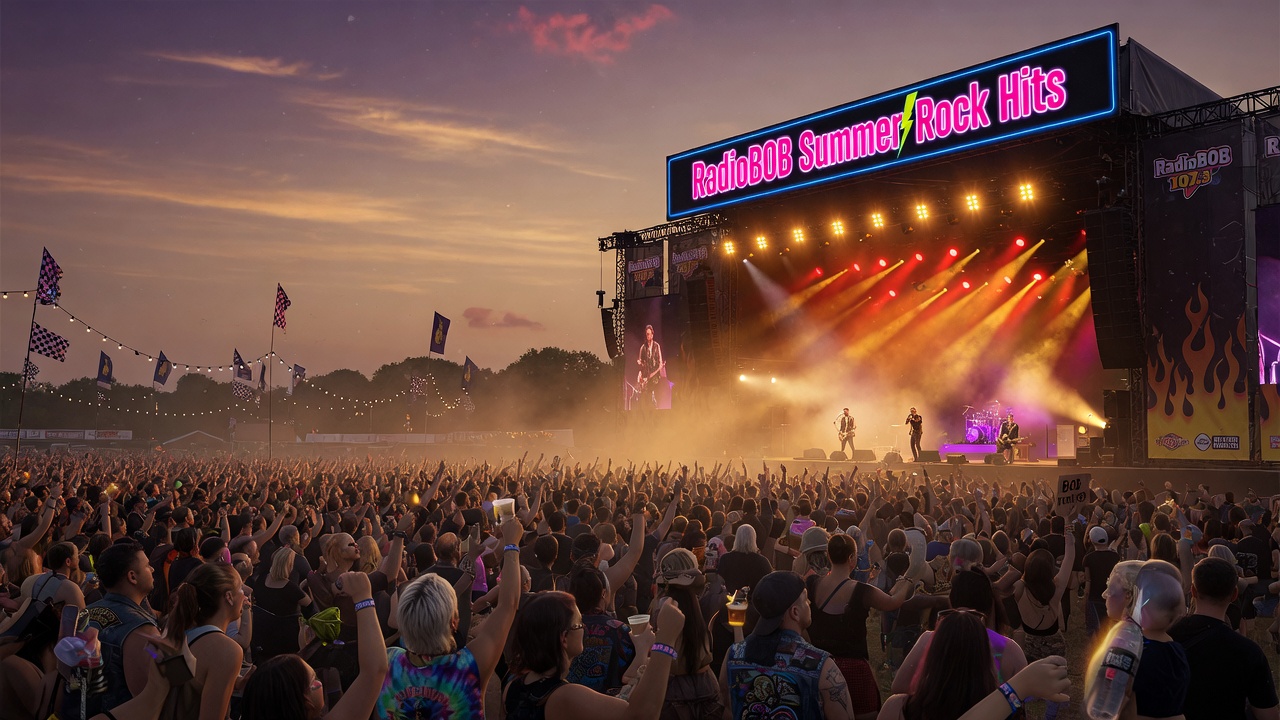 Outdoor summer rock festival at dusk, crowd with hands raised, giant stage marquee reading RadioBOB Summer Rock Hits in bold neon letters, golden hour glow