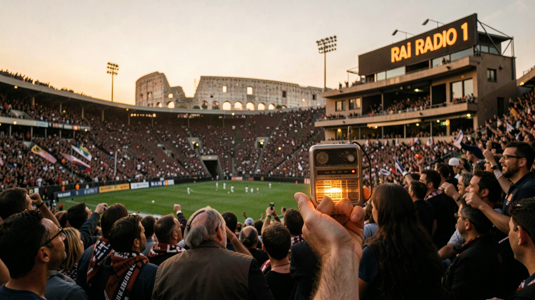 Italian football stadium at dusk with a broadcast booth sign reading Rai Radio 1