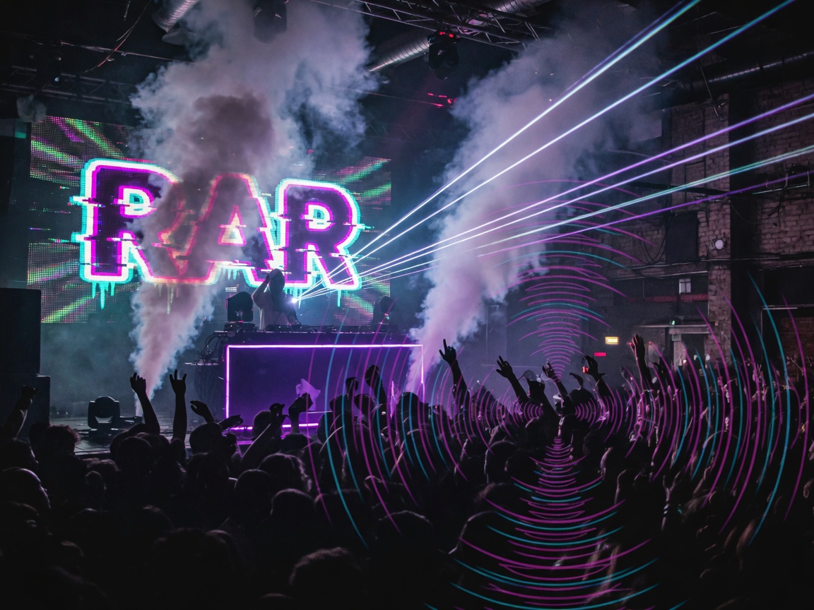 An abstract techno club scene at night with neon sound waves and a glowing RAR sign behind the DJ booth