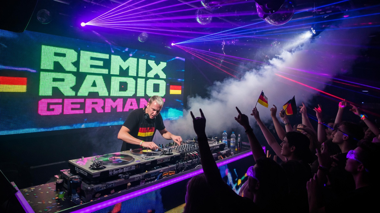 High energy German nightclub DJ booth with REMIX RADIO GERMANY displayed on an LED screen behind the decks