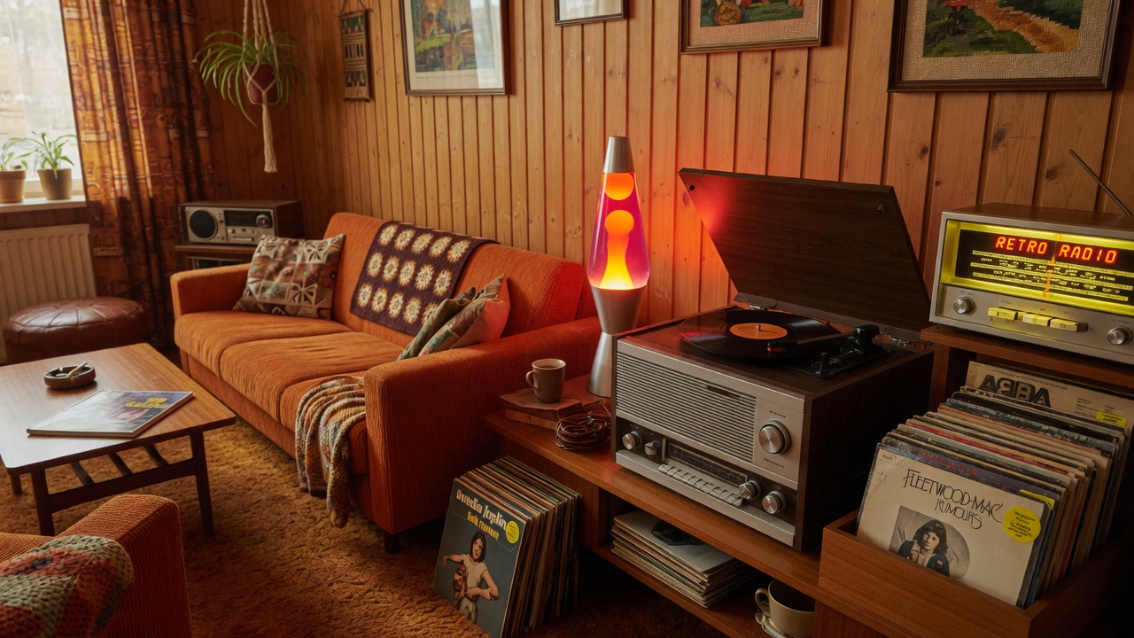 A cozy 1970s-80s Scandinavian living room with a vintage hi-fi, turntable, vinyl records and a glowing Retro Radio dial