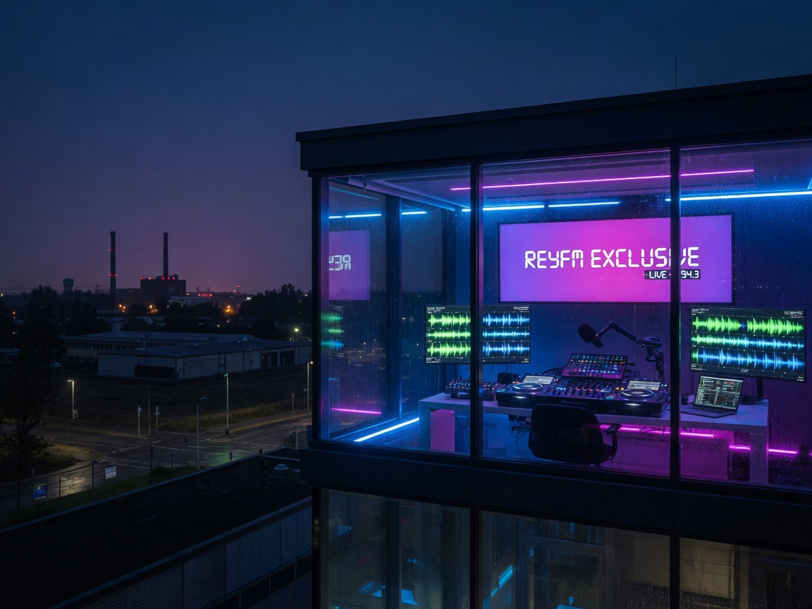 Modern electronic dance music broadcast studio at night with REYFM EXCLUSIVE displayed on an LED screen