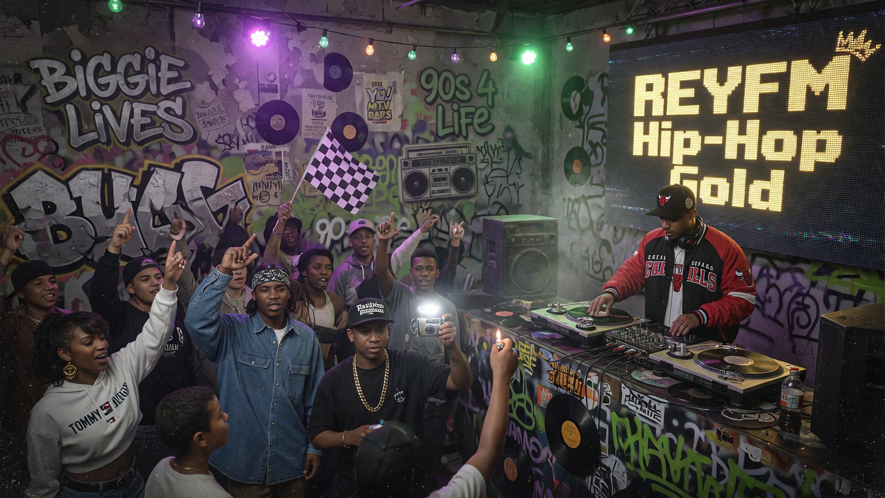 1990s hip-hop warehouse venue with DJ at turntables under a glowing REYFM Hip-Hop Gold LED screen, graffiti walls and crowd with hands raised