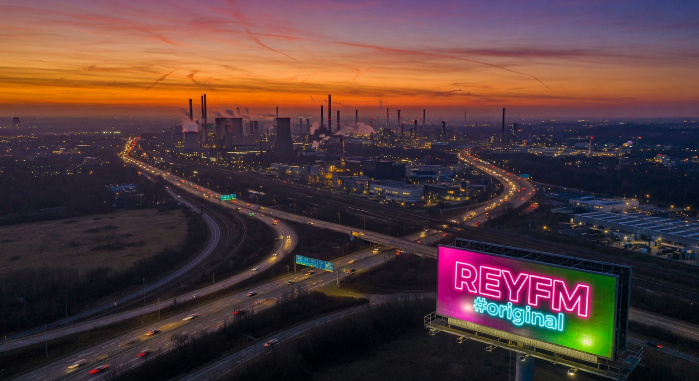 Aerial view of the Ruhr Valley at dusk with glowing REYFM #original billboard, North Rhine-Westphalia Germany
