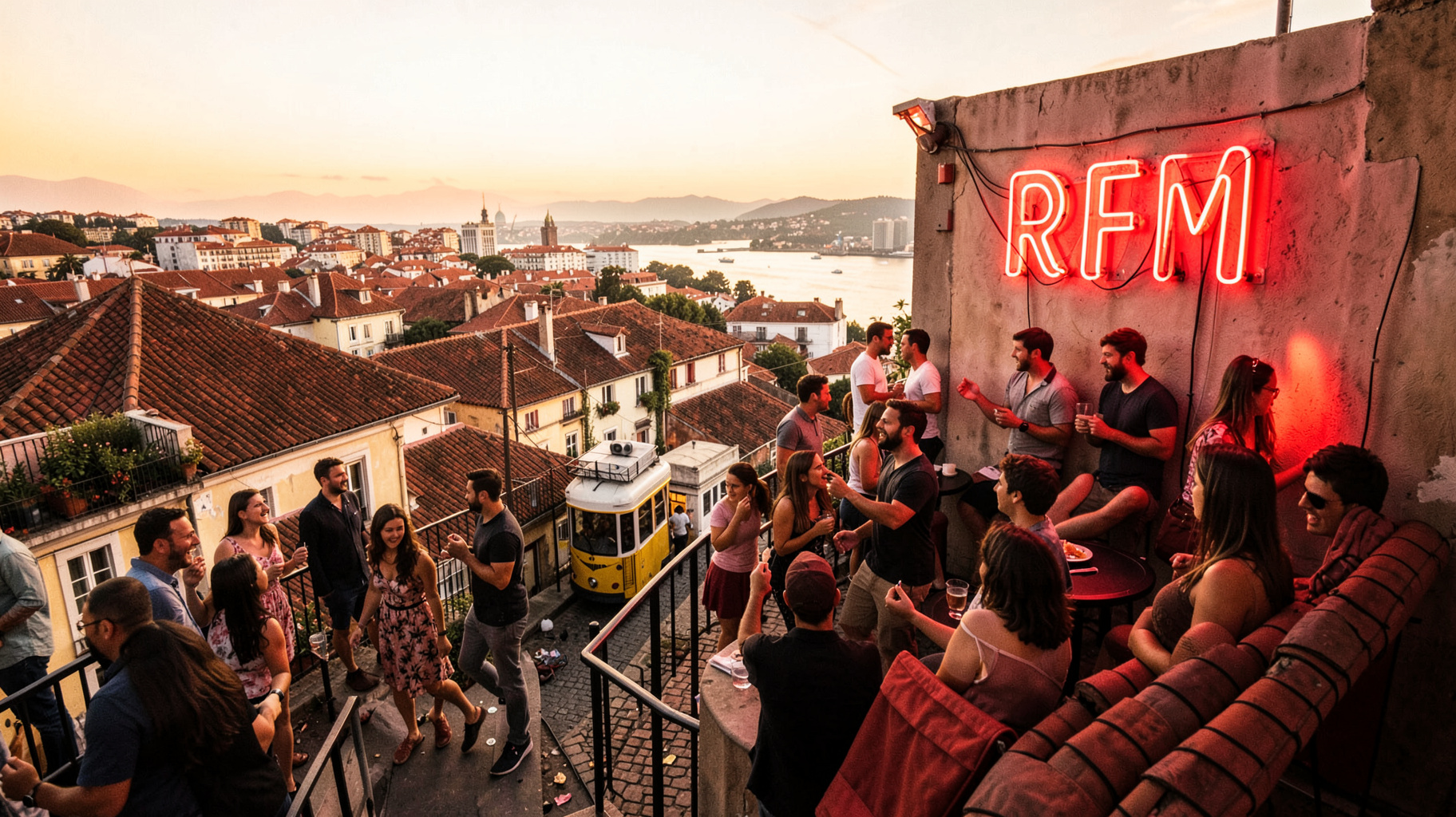 Lisbon rooftop party with a red neon sign reading RFM