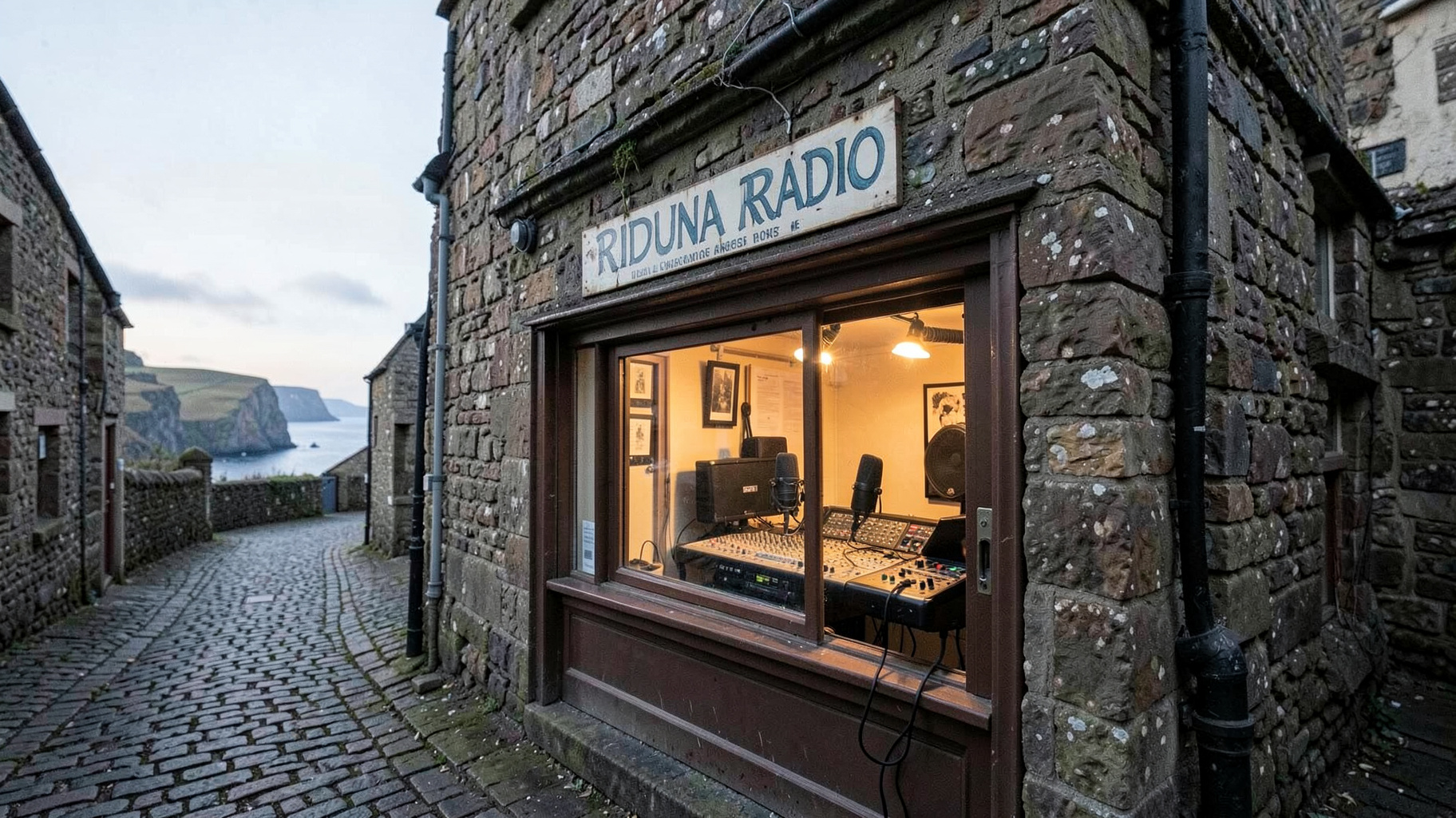 A stone-fronted shopfront radio studio on a narrow Alderney street with a hand-painted Riduna Radio sign and a coastal view at the end of the lane