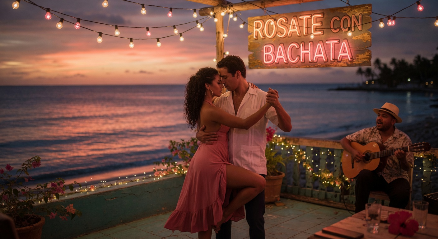 A romantic seaside bachata scene at dusk, a couple dancing close under string lights with a Rosate con Bachata sign glowing