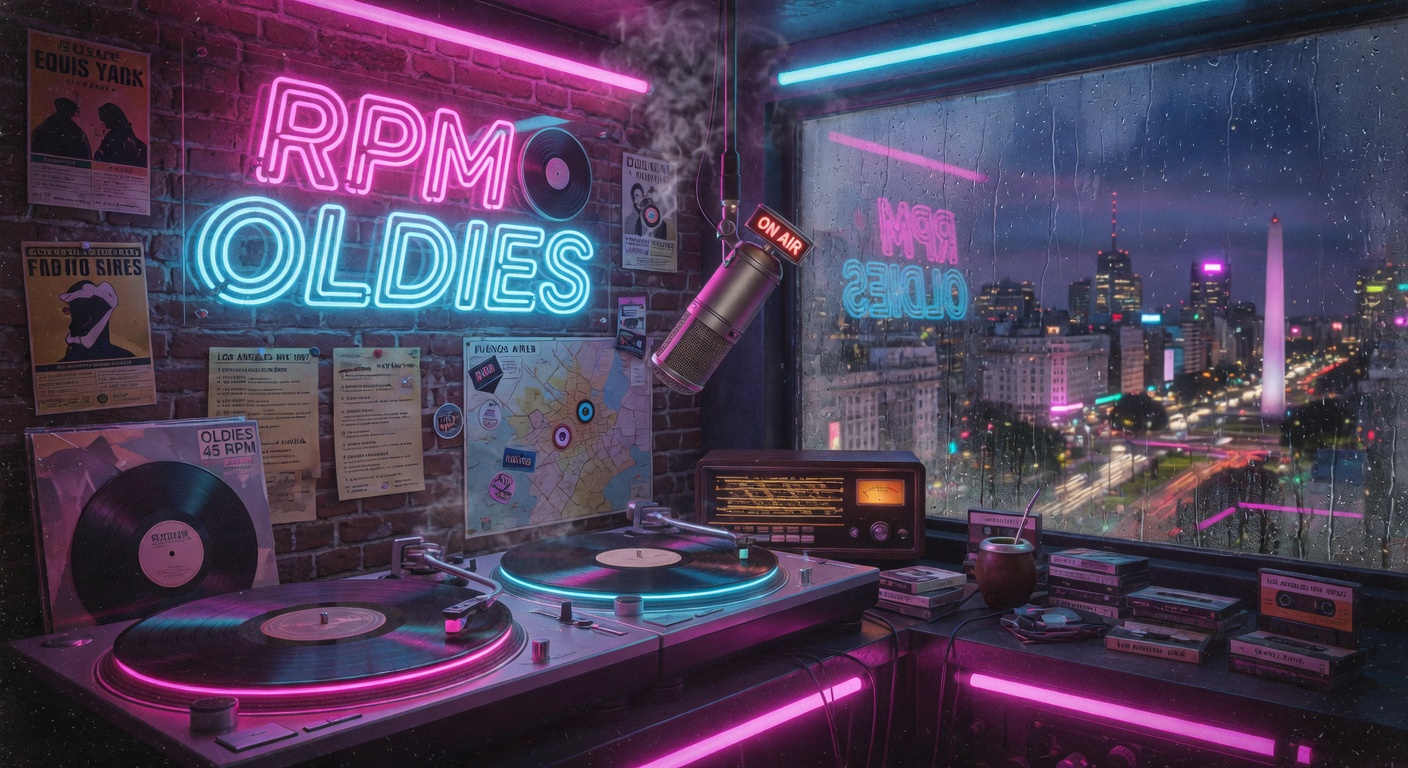 A neon-lit retro radio studio at night with spinning vinyl records and an RPM Oldies sign, Buenos Aires skyline in the window
