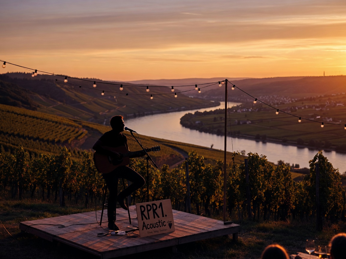 An acoustic guitarist silhouette on stage overlooking Rhine valley vineyards at golden hour, with a sign reading RPR1. Acoustic