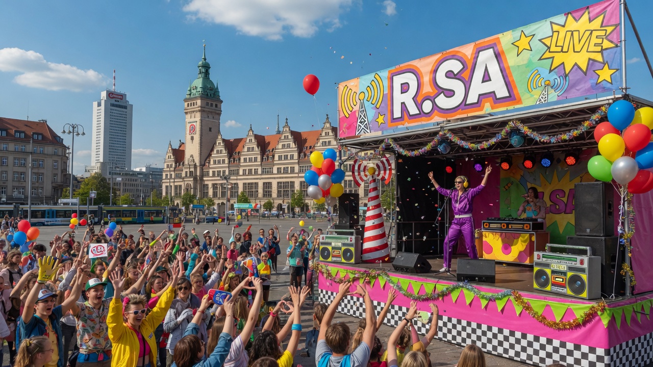 A lively open-air R.SA radio roadshow party in a Leipzig square with a colorful stage, balloons and a cheering crowd