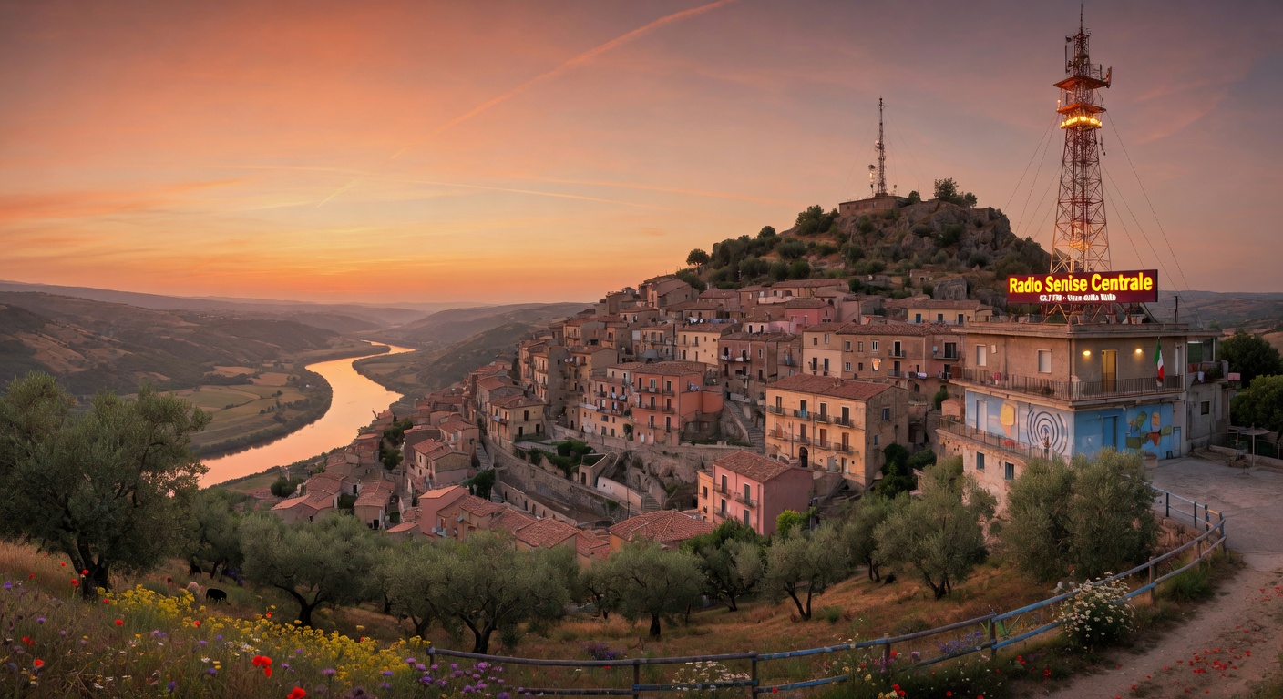 Hilltop town of Senise in Basilicata at golden sunset, ancient stone houses above the Sinni valley with a Radio Senise Centrale tower on the hilltop