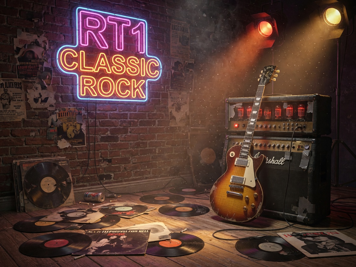 A vintage rock studio with a guitar leaning against an amplifier and a neon RT1 Classic Rock sign