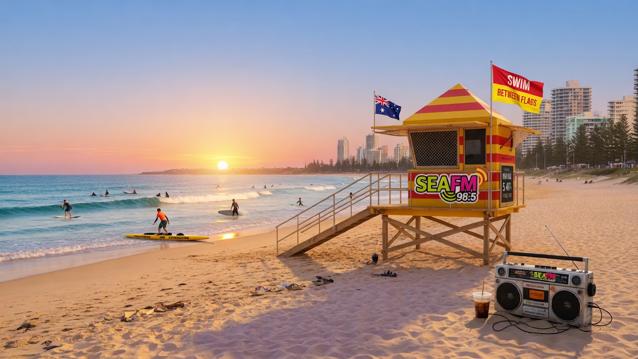 Sun-drenched Australian Gold Coast beach at golden hour, lifeguard tower with Sea FM logo, surfers in the ocean, wide cinematic coastal landscape