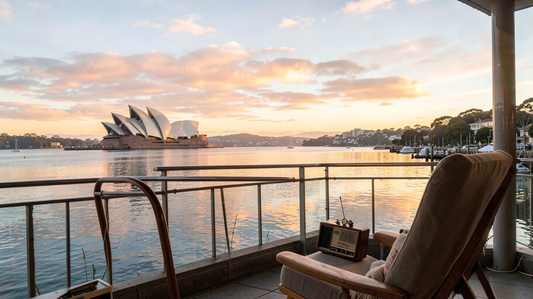 A tranquil Sydney Harbour at golden hour with a vintage radio set on a balcony overlooking the water
