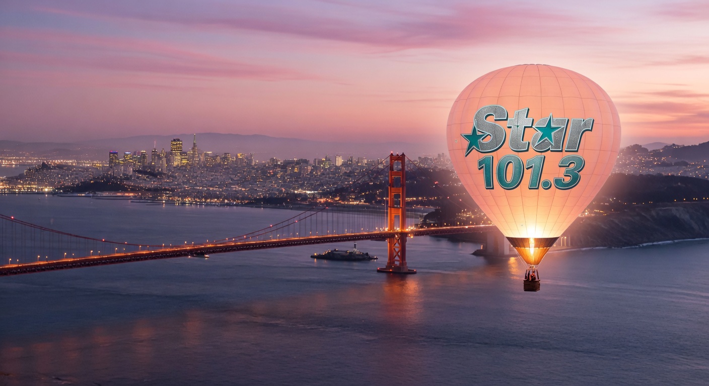 San Francisco Bay at dusk with the Golden Gate Bridge glowing orange and a hot-air balloon carrying a Star 101.3 sign floating above the water