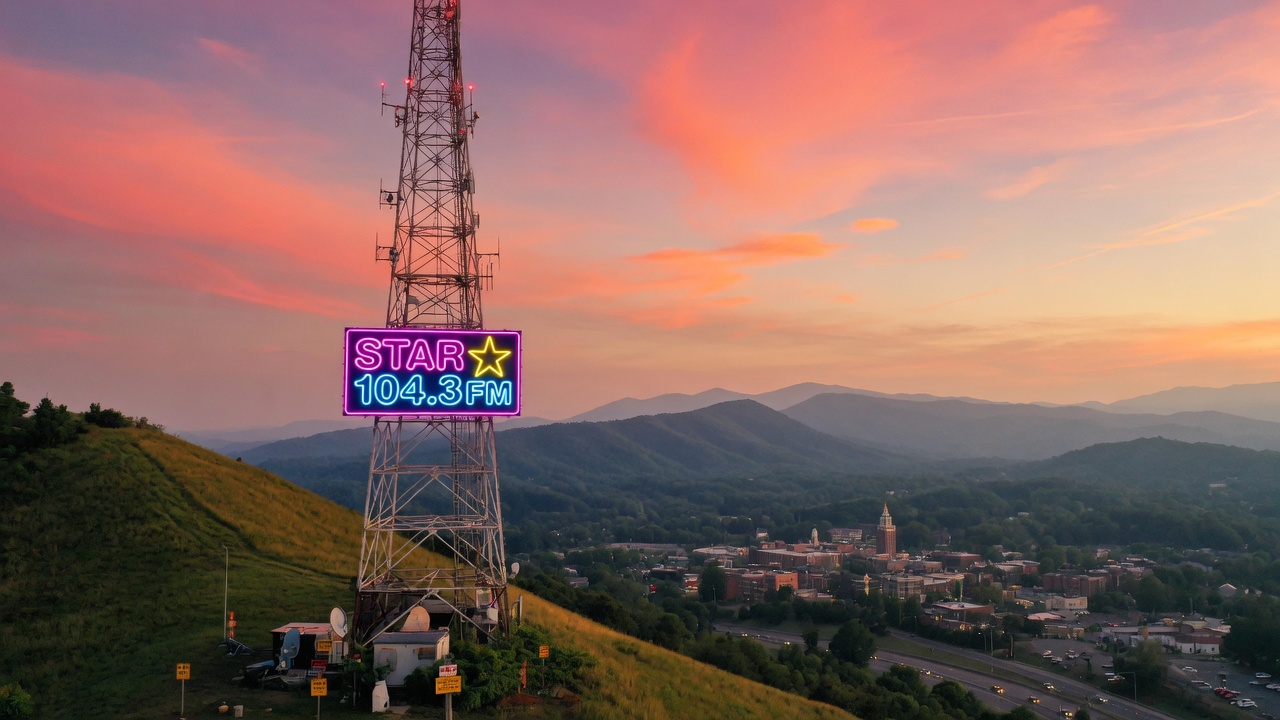 Neon STAR 104.3 sign on a radio tower overlooking the Blue Ridge Mountains at sunset near Asheville, North Carolina