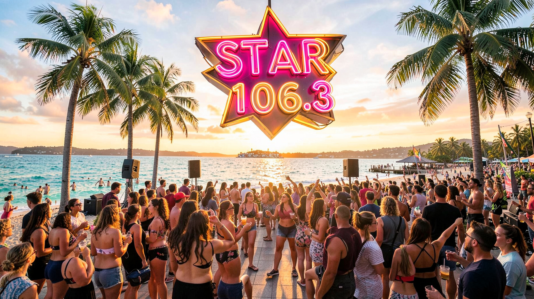 Townsville beachfront at sunset with a neon sign reading Star 106.3
