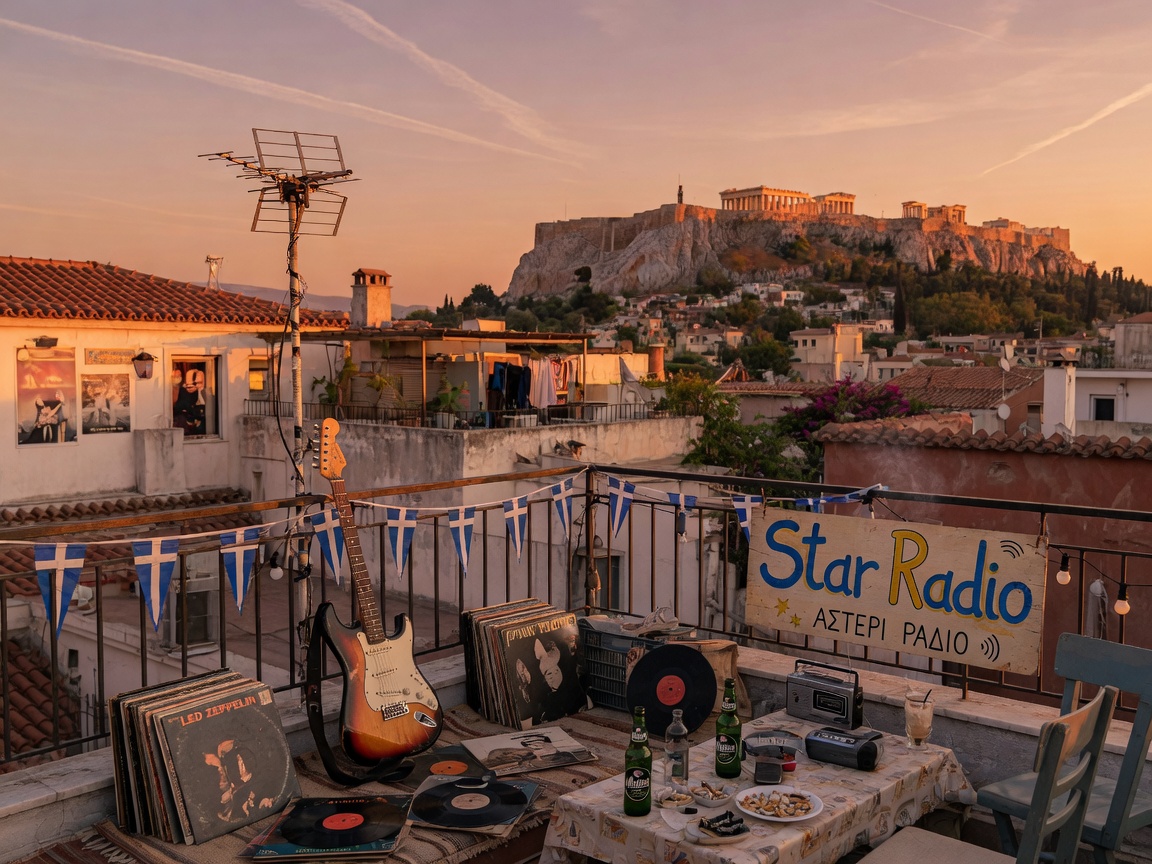 A warm rooftop scene in Athens with the Acropolis in the distance, a guitar, vinyl records, and a handmade Star Radio sign