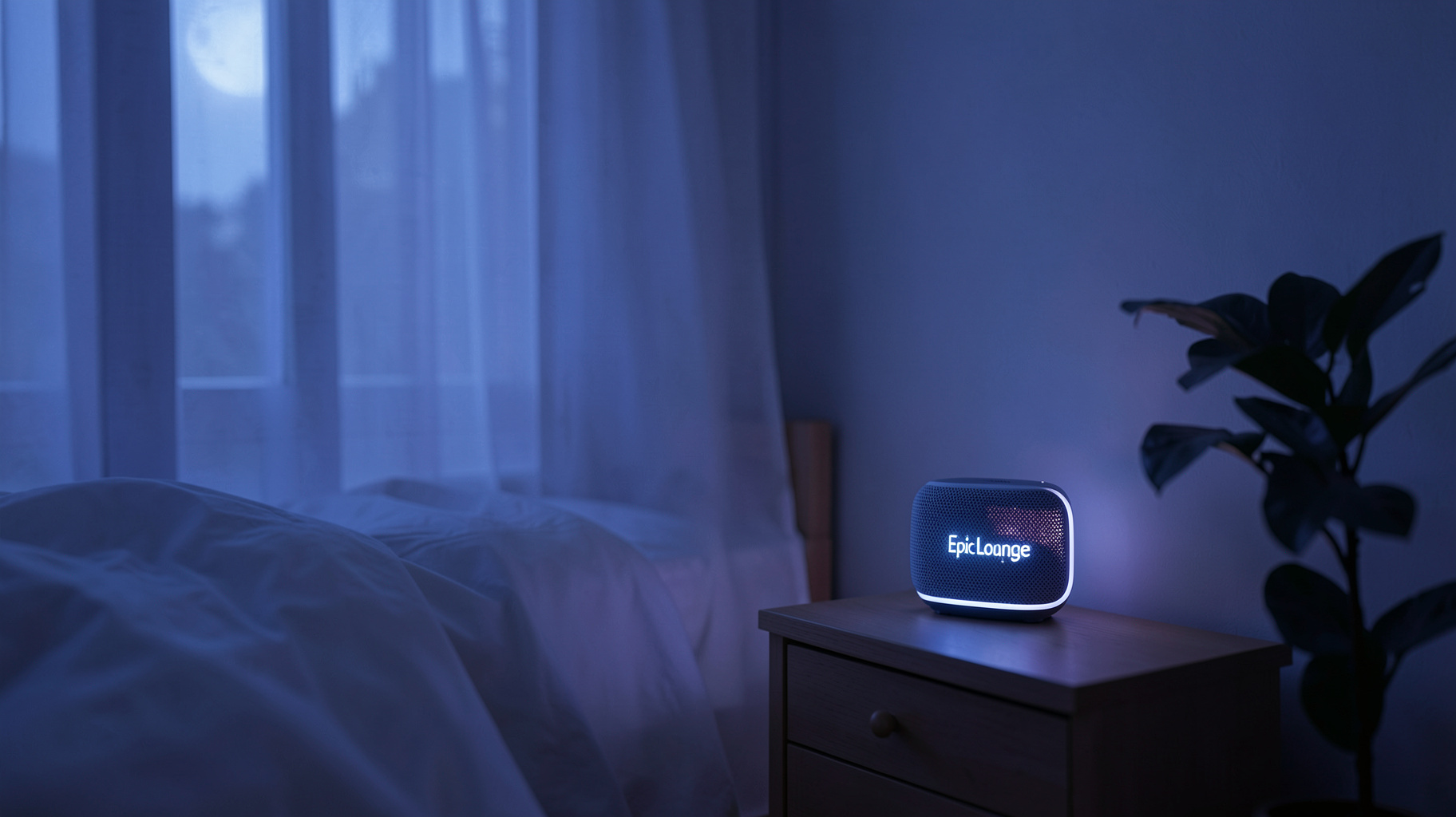 A serene moonlit bedroom with a softly glowing speaker on the nightstand displaying Epic Lounge