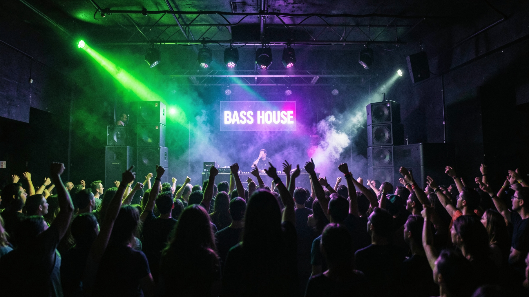 A packed nightclub dance floor with subwoofer stacks and a sign reading BASS HOUSE