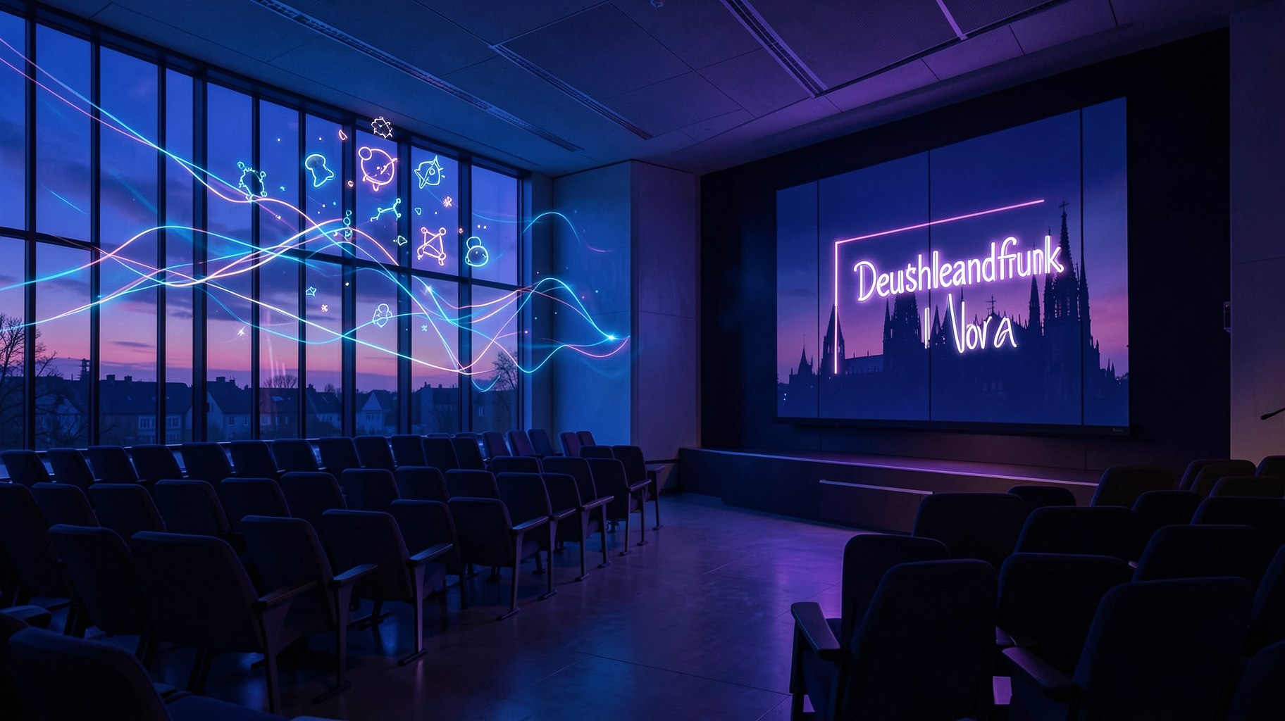 A lecture hall at twilight with glowing sound waves and a sign reading Deutschlandfunk Nova