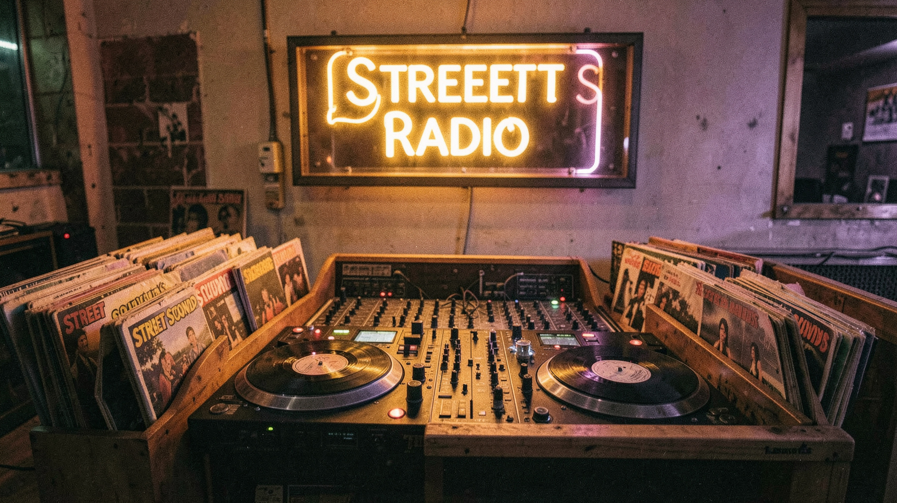 A vintage DJ mixing booth with crates of Street Sounds vinyl compilations and a glowing Street Sounds Radio sign above the turntables