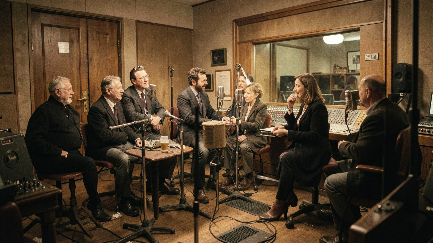 A vintage Swiss radio drama studio with ribbon microphones and a glowing SRF 2 Kultur plaque