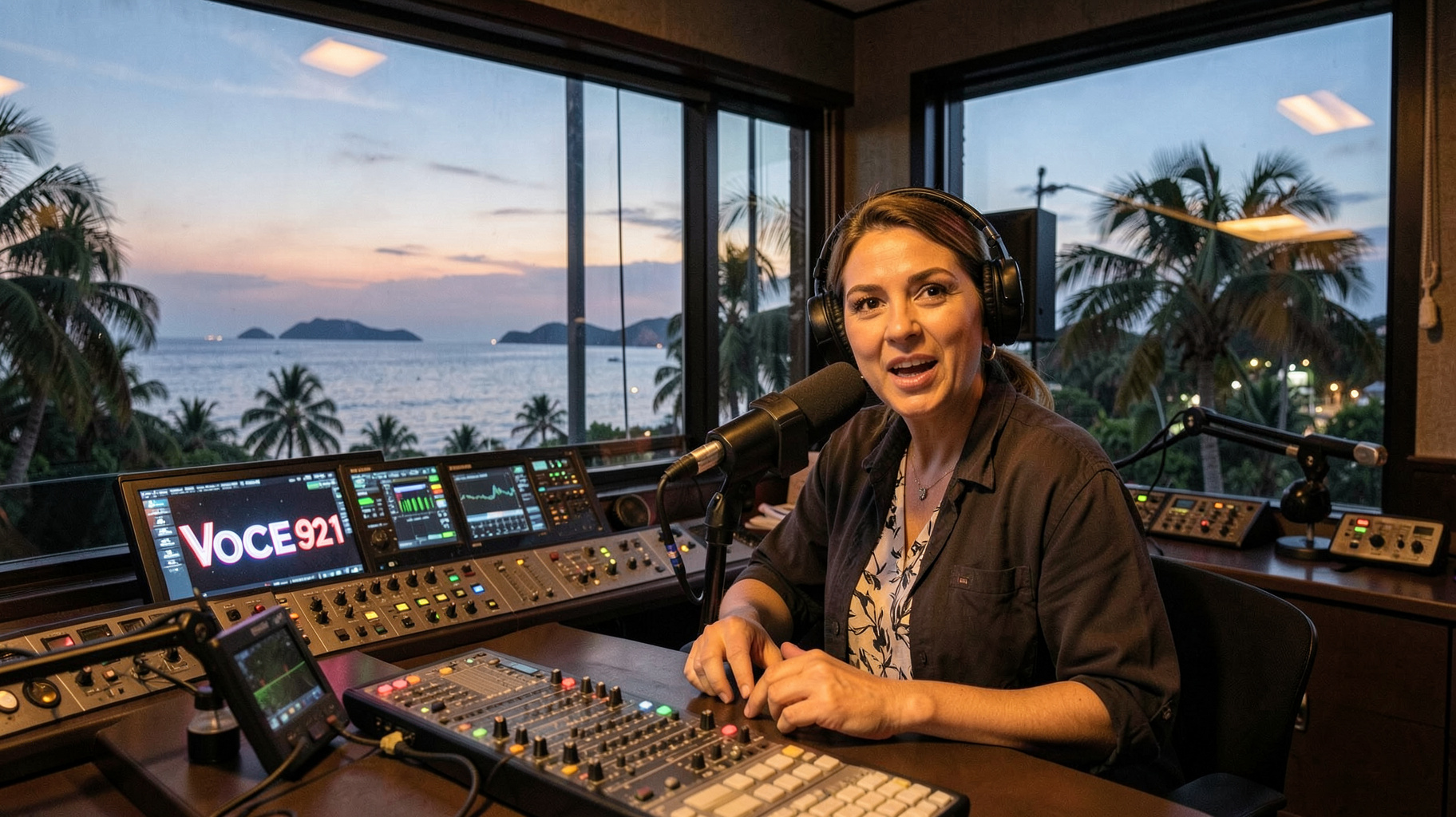 A radio station control room overlooking Acapulco Bay at dusk with a monitor reading Voces 92.1