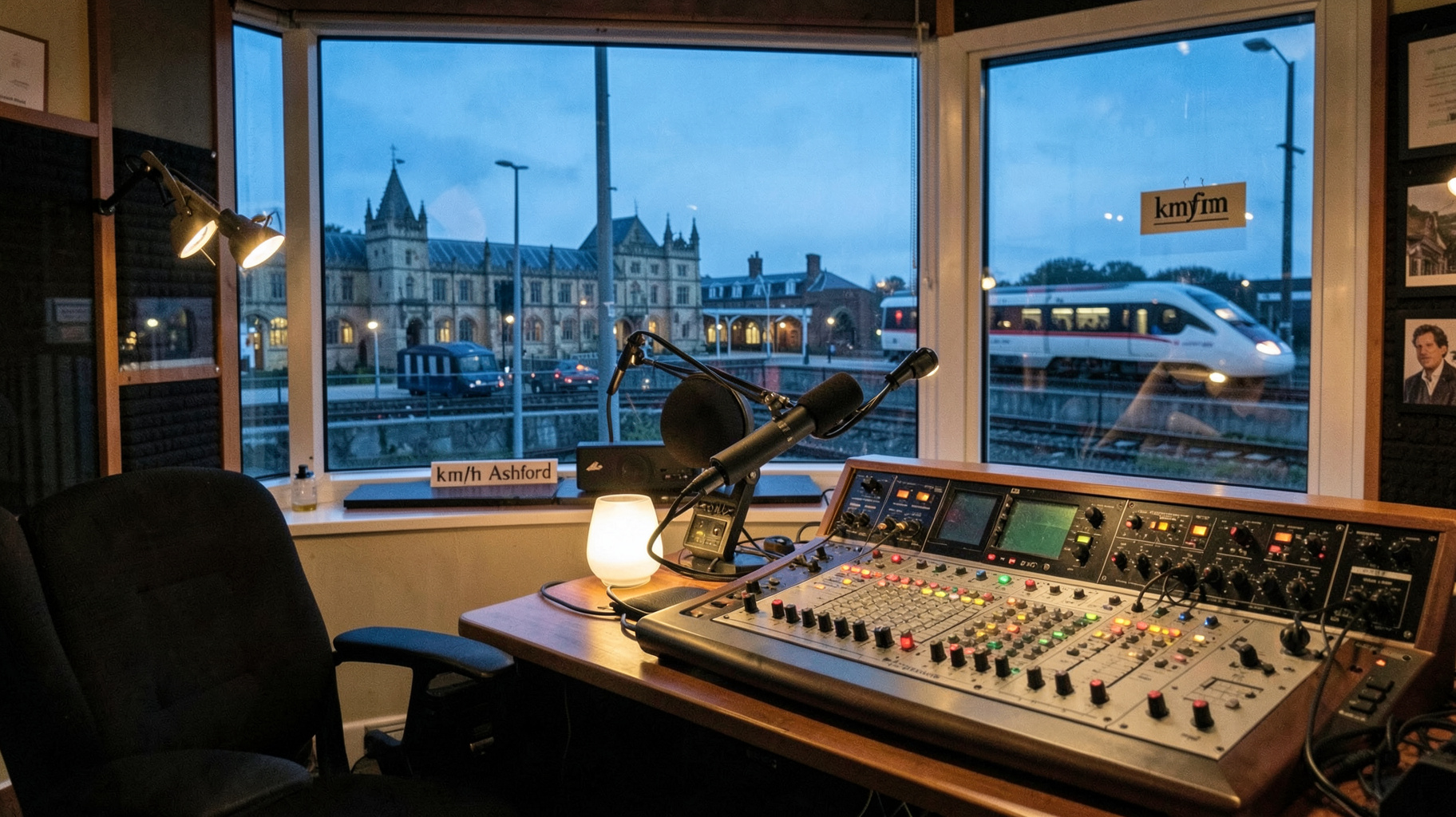 A local radio studio in Kent with the Ashford International railway station visible through the window at dusk