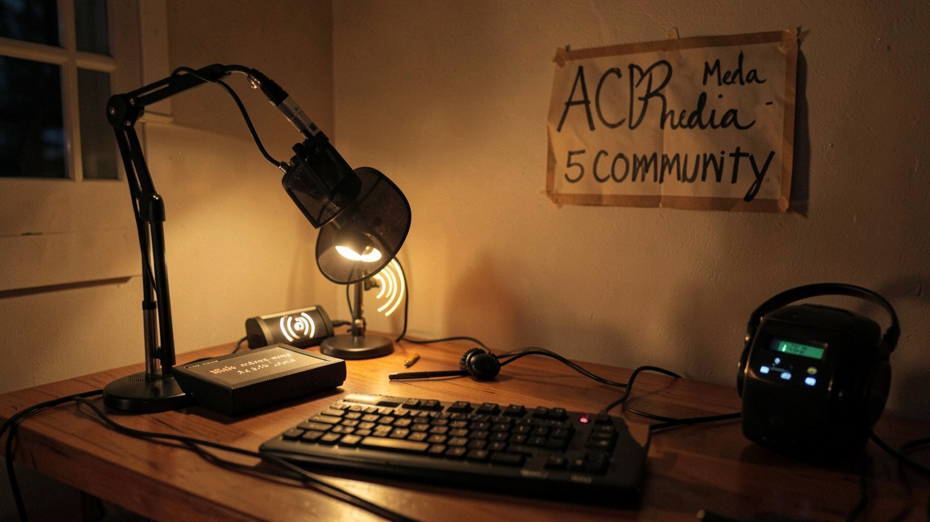 A cozy home podcast studio at night with a braille display and microphone, a handmade sign reading ACB Media 5 Community