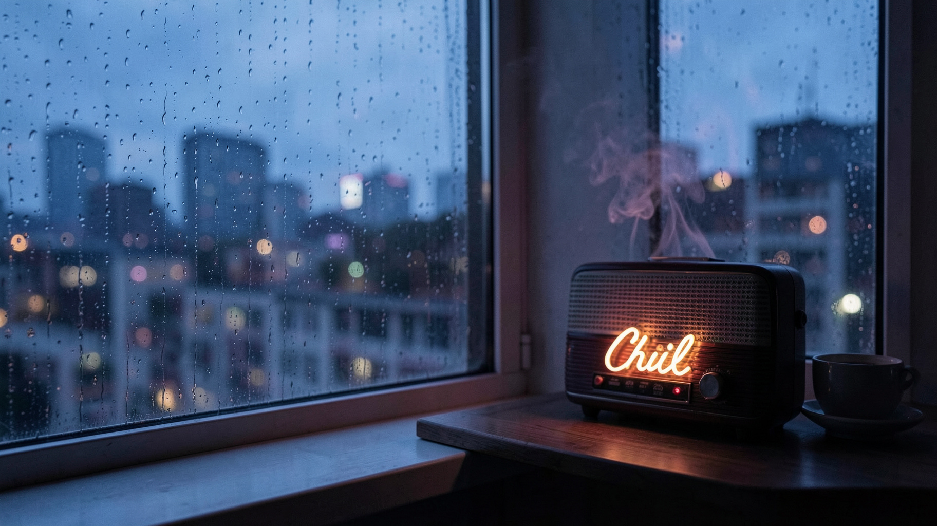 A calm late-night cityscape through a rain-streaked window beside a glowing vintage radio