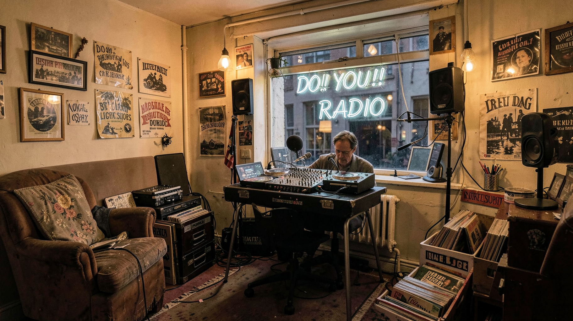 A cosy listener-funded independent radio studio in London with a sign reading DO!! YOU!!! RADIO