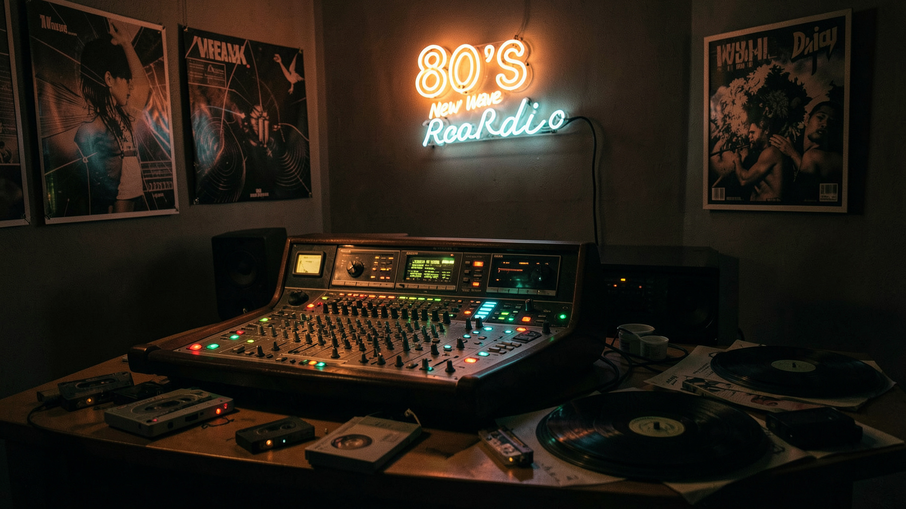 A retro 1980s FM radio studio with an analog mixing console and a neon sign reading 80's New Wave Radio